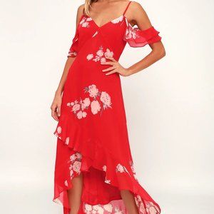 Lulus Love in Bloom Red Floral Print Off-the-Shoulder High-Low Dress
